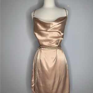 ✨ Gold Elegant Satin Mini Dress with Chain Detail